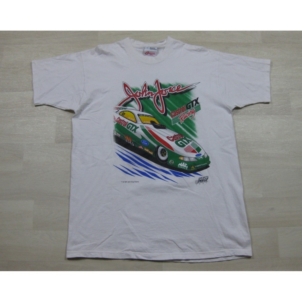 Vintage 90s John Force Racing T-Shirt Men's (XL) NHRA Drag Racing Castrol GTX